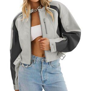Womens Light Grey Tankaneo Leather Bomber Jacket Cropped Color Block Fall Casual